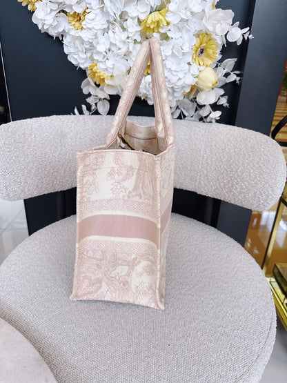 PINK/WHITE EMBROIDERED CANVAS TOILE DE JOUY MEDIUM BOOK TOTE
