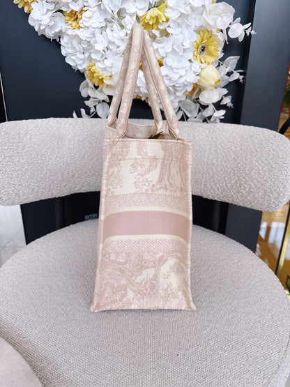 PINK/WHITE EMBROIDERED CANVAS TOILE DE JOUY MEDIUM BOOK TOTE