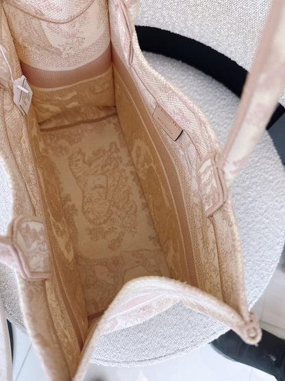 PINK/WHITE EMBROIDERED CANVAS TOILE DE JOUY MEDIUM BOOK TOTE