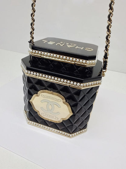 LIMITED EDITION BLACK QUILTED RESIN TEA BOX MINAUDIERE IMITATION PEARL GOLD HARDWARE