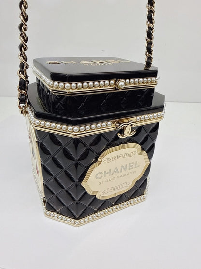 LIMITED EDITION BLACK QUILTED RESIN TEA BOX MINAUDIERE IMITATION PEARL GOLD HARDWARE