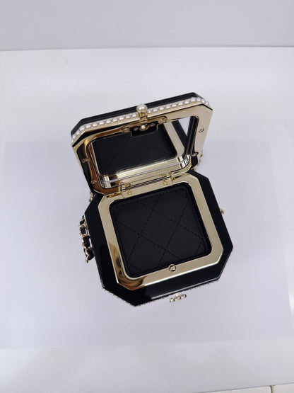 LIMITED EDITION BLACK QUILTED RESIN TEA BOX MINAUDIERE IMITATION PEARL GOLD HARDWARE