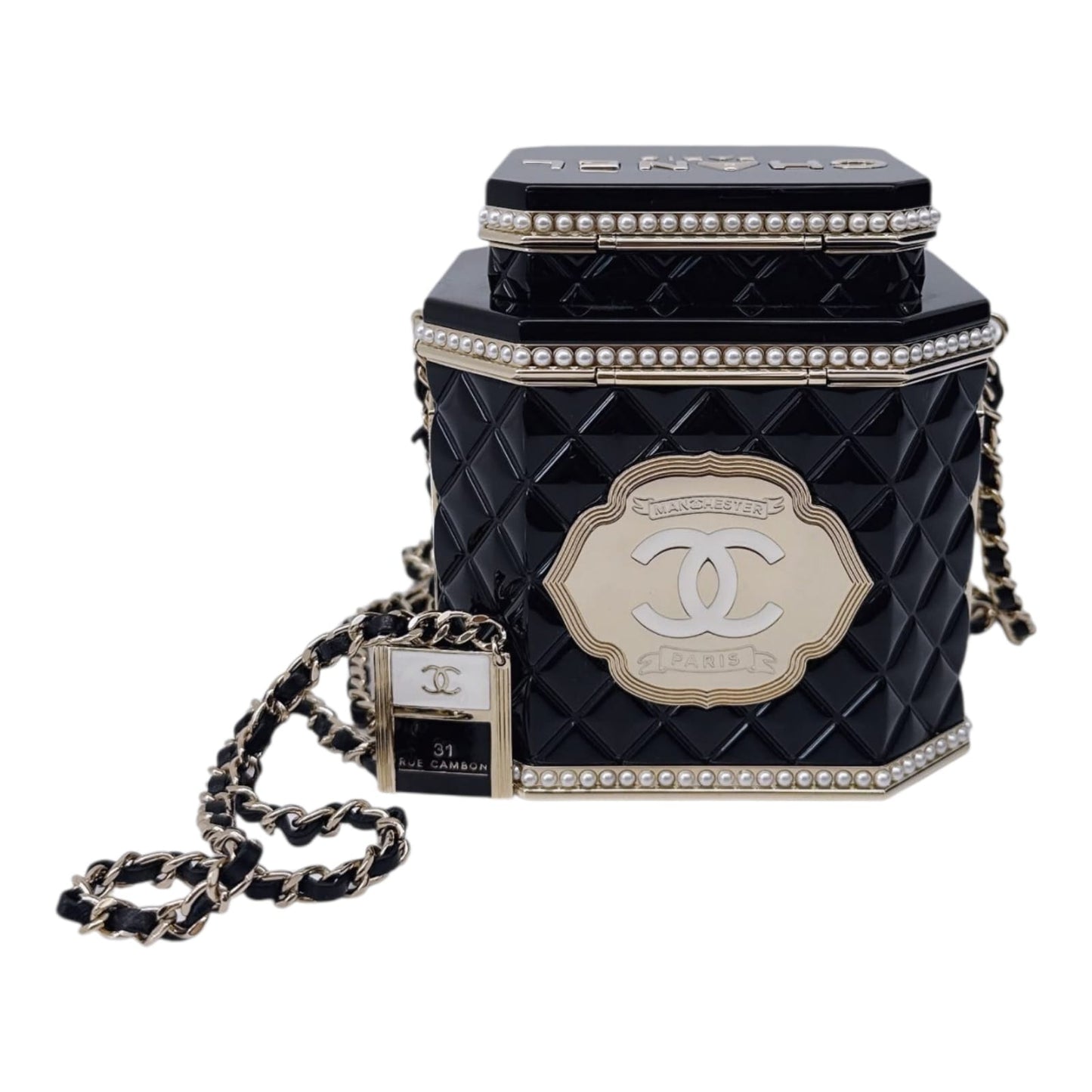 LIMITED EDITION BLACK QUILTED RESIN TEA BOX MINAUDIERE IMITATION PEARL GOLD HARDWARE