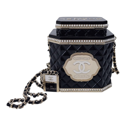 LIMITED EDITION BLACK QUILTED RESIN TEA BOX MINAUDIERE IMITATION PEARL GOLD HARDWARE