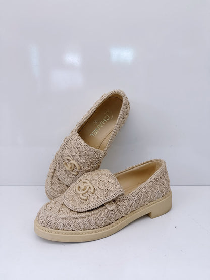BEIGE KNIT QUILTED TEXTURED CC TURNLOCK LOAFERS 36C