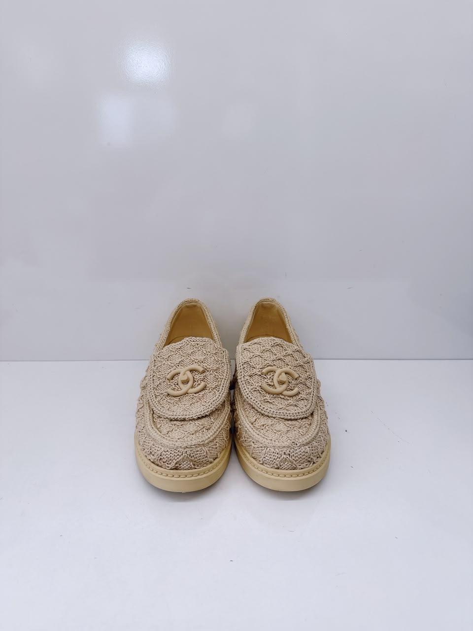 BEIGE KNIT QUILTED TEXTURED CC TURNLOCK LOAFERS 36C