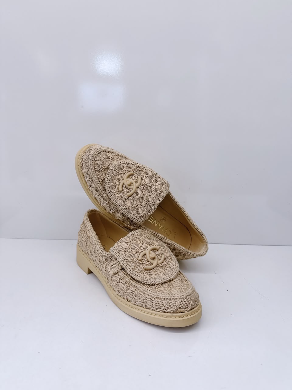 BEIGE KNIT QUILTED TEXTURED CC TURNLOCK LOAFERS 36C