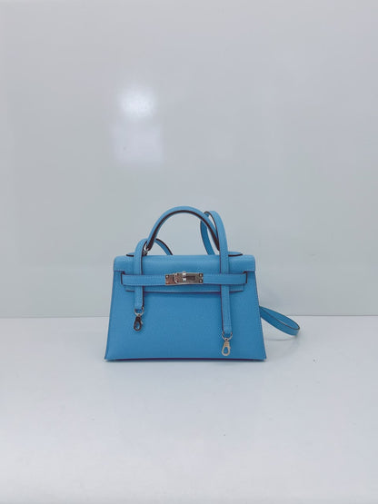 BLEU CELESTE MINI KELLY SELLIER 20 EPSOM LEATHER PALLADIUM HARDWARE