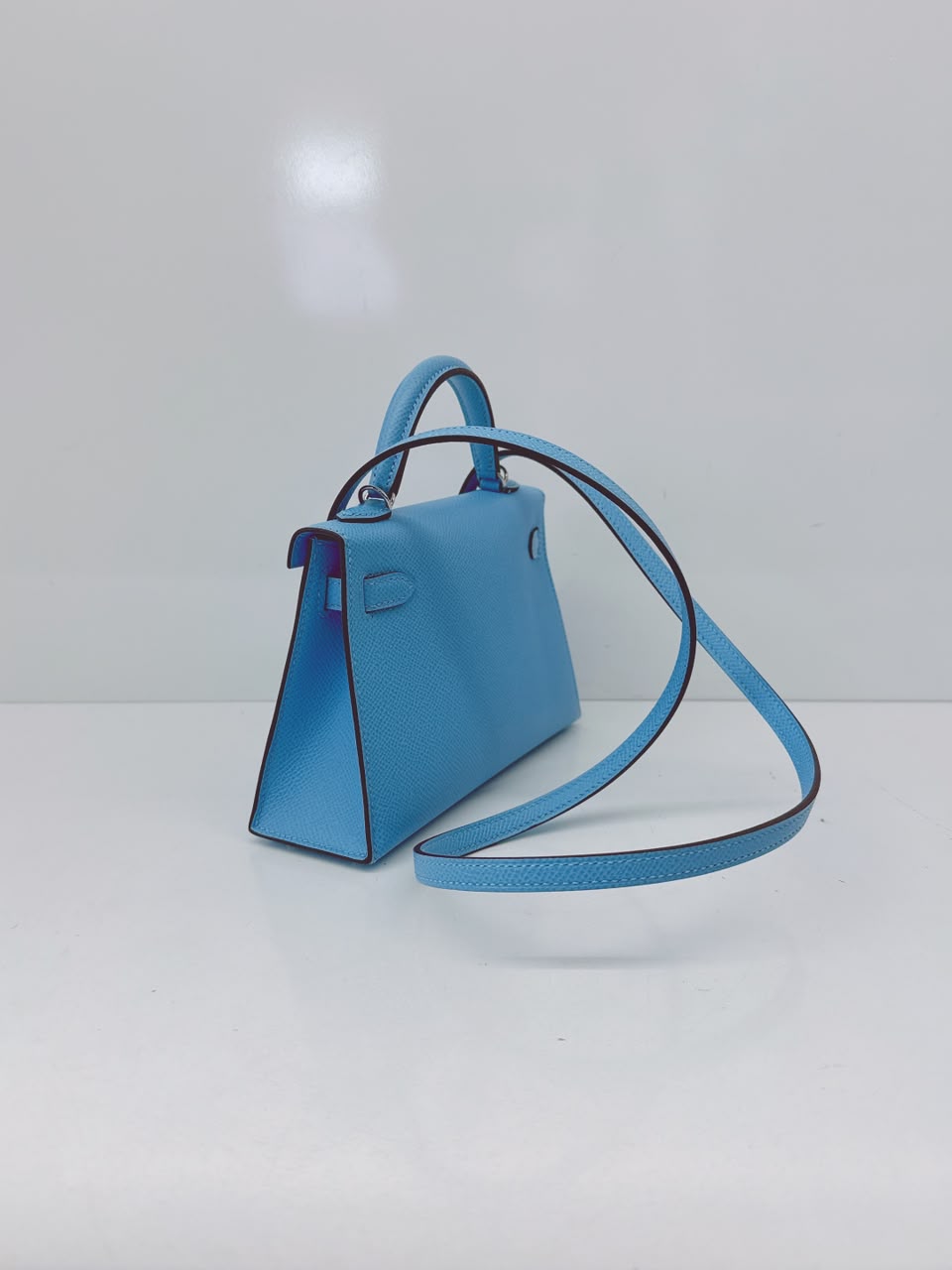 BLEU CELESTE MINI KELLY SELLIER 20 EPSOM LEATHER PALLADIUM HARDWARE