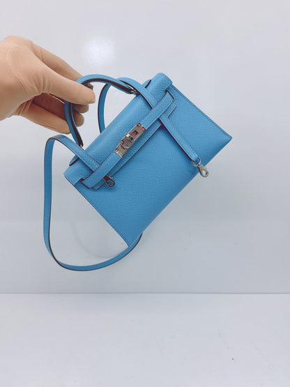BLEU CELESTE MINI KELLY SELLIER 20 EPSOM LEATHER PALLADIUM HARDWARE