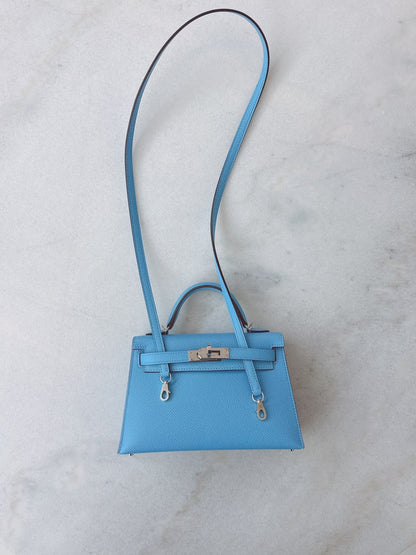 BLEU CELESTE MINI KELLY SELLIER 20 EPSOM LEATHER PALLADIUM HARDWARE