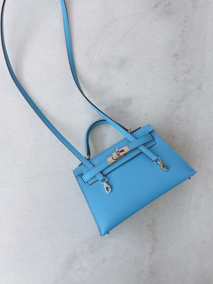 BLEU CELESTE MINI KELLY SELLIER 20 EPSOM LEATHER PALLADIUM HARDWARE