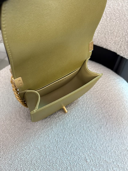 OLIVE GREEN QUILTED CAVIAR LEATHER SMALL BOY MESSENGER BAG