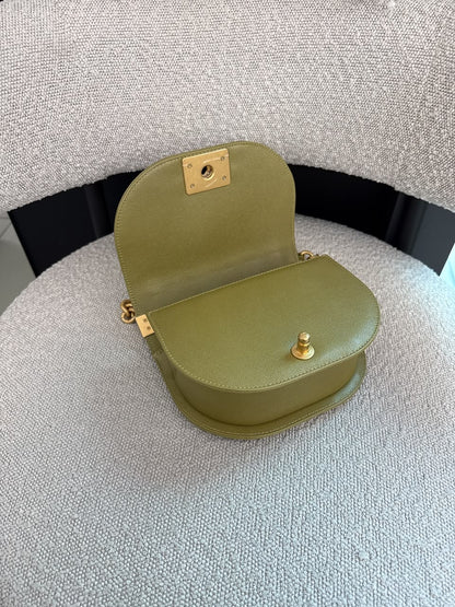 OLIVE GREEN QUILTED CAVIAR LEATHER SMALL BOY MESSENGER BAG