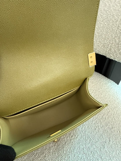 OLIVE GREEN QUILTED CAVIAR LEATHER SMALL BOY MESSENGER BAG
