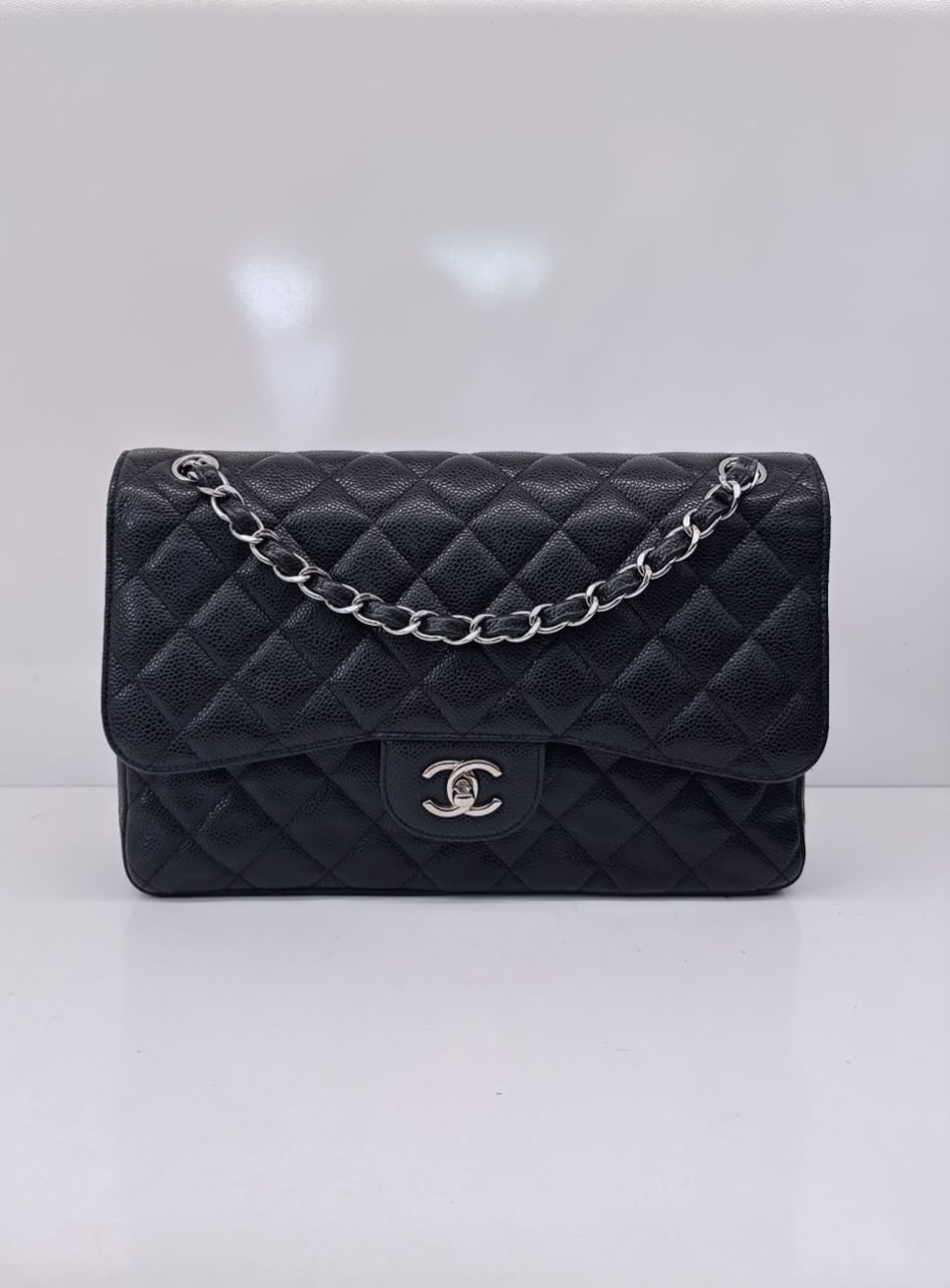 BLACK QUILTED CAVIAR LEATHER LARGE CLASSIC DOUBLE FLAP HANDBAG SILVER HARDWARE