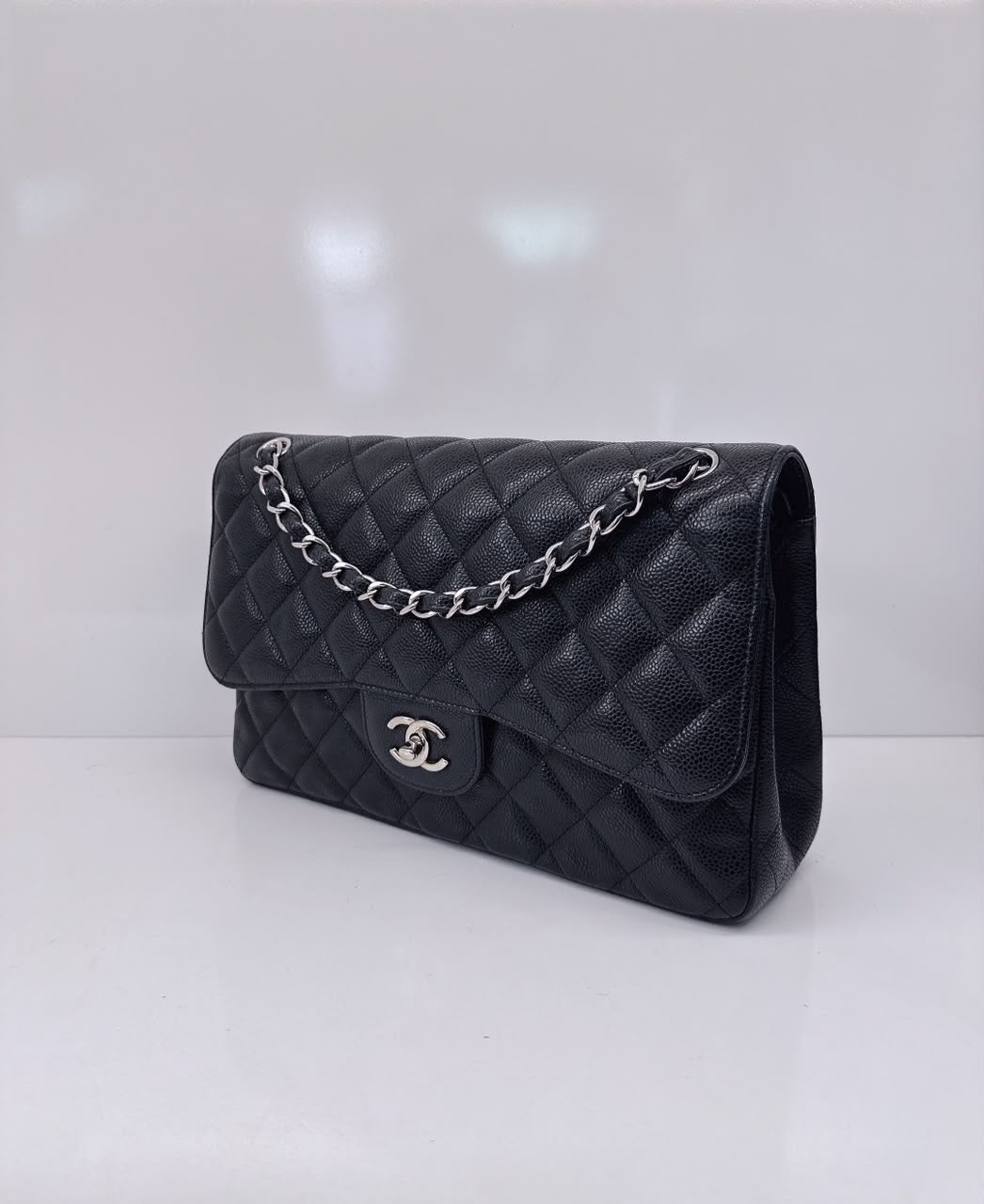 BLACK QUILTED CAVIAR LEATHER LARGE CLASSIC DOUBLE FLAP HANDBAG SILVER HARDWARE
