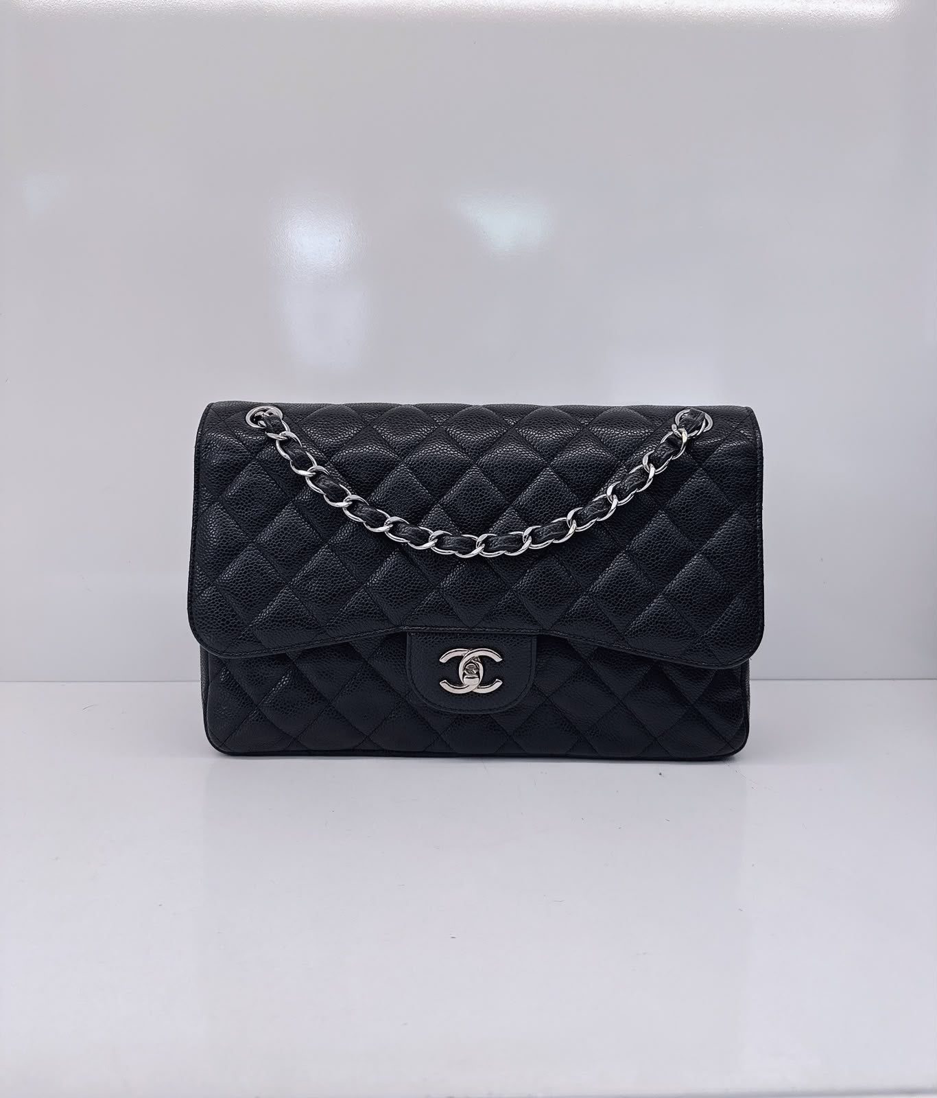 BLACK QUILTED CAVIAR LEATHER LARGE CLASSIC DOUBLE FLAP HANDBAG SILVER HARDWARE