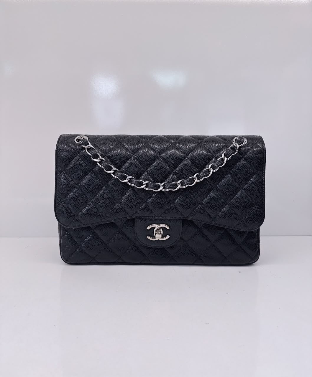 BLACK QUILTED CAVIAR LEATHER LARGE CLASSIC DOUBLE FLAP HANDBAG SILVER HARDWARE