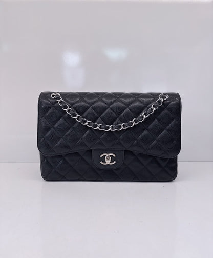 BLACK QUILTED CAVIAR LEATHER LARGE CLASSIC DOUBLE FLAP HANDBAG SILVER HARDWARE
