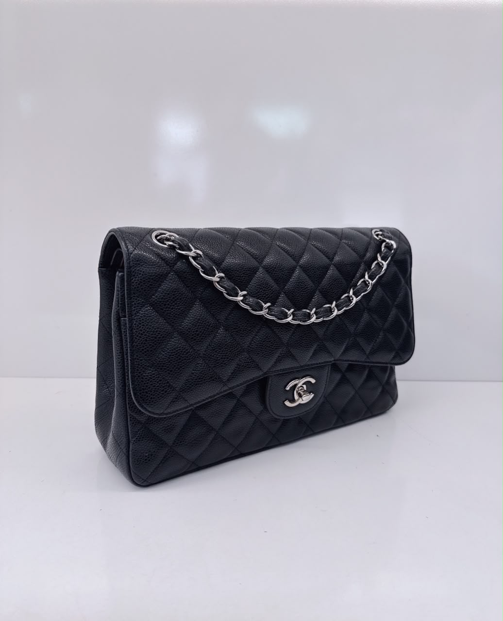 BLACK QUILTED CAVIAR LEATHER LARGE CLASSIC DOUBLE FLAP HANDBAG SILVER HARDWARE