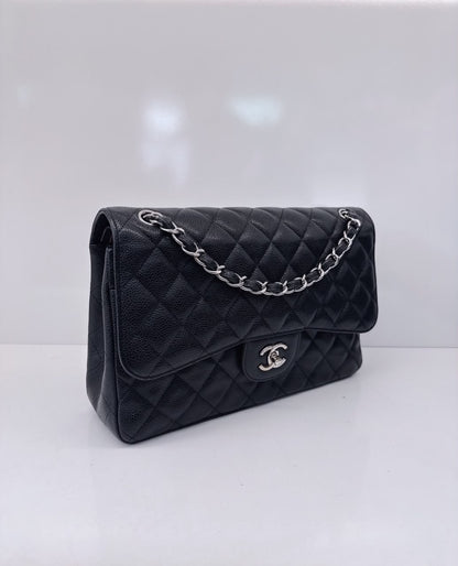 BLACK QUILTED CAVIAR LEATHER LARGE CLASSIC DOUBLE FLAP HANDBAG SILVER HARDWARE