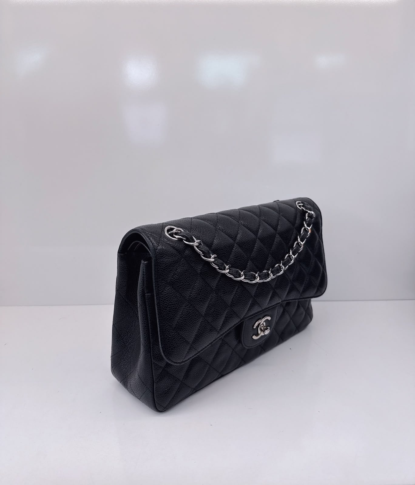BLACK QUILTED CAVIAR LEATHER LARGE CLASSIC DOUBLE FLAP HANDBAG SILVER HARDWARE