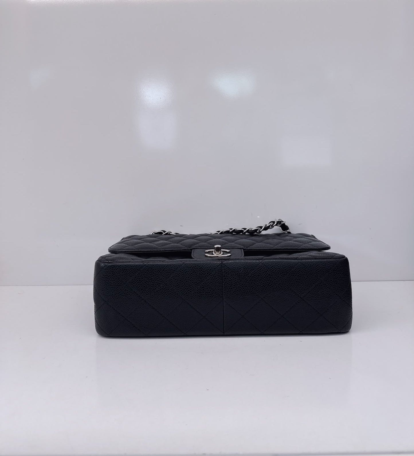 BLACK QUILTED CAVIAR LEATHER LARGE CLASSIC DOUBLE FLAP HANDBAG SILVER HARDWARE