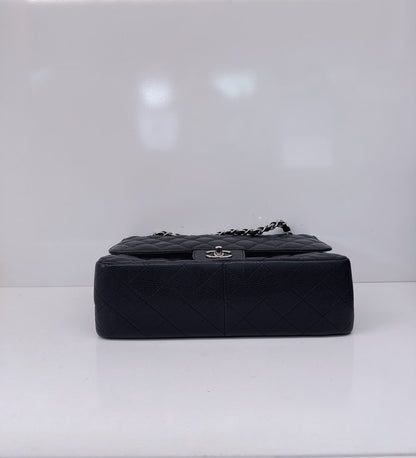 BLACK QUILTED CAVIAR LEATHER LARGE CLASSIC DOUBLE FLAP HANDBAG SILVER HARDWARE