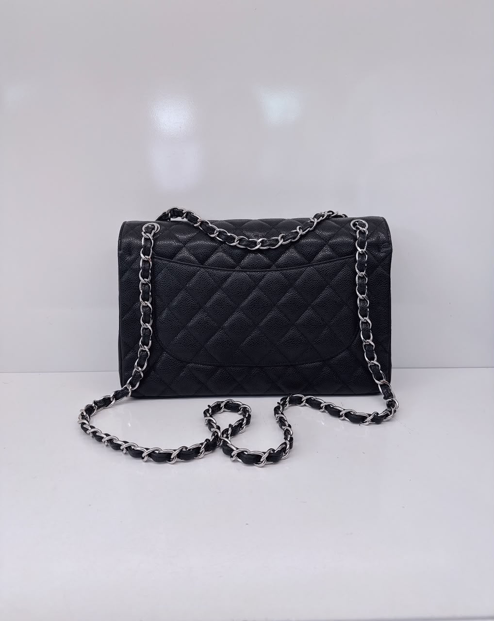 BLACK QUILTED CAVIAR LEATHER LARGE CLASSIC DOUBLE FLAP HANDBAG SILVER HARDWARE