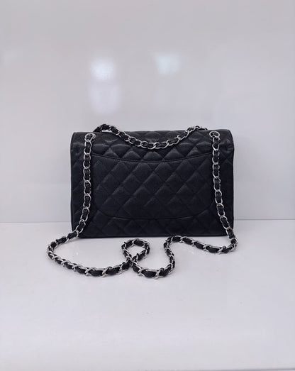 BLACK QUILTED CAVIAR LEATHER LARGE CLASSIC DOUBLE FLAP HANDBAG SILVER HARDWARE