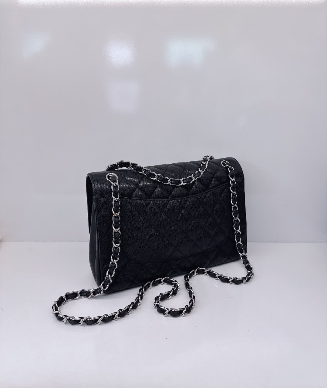 BLACK QUILTED CAVIAR LEATHER LARGE CLASSIC DOUBLE FLAP HANDBAG SILVER HARDWARE
