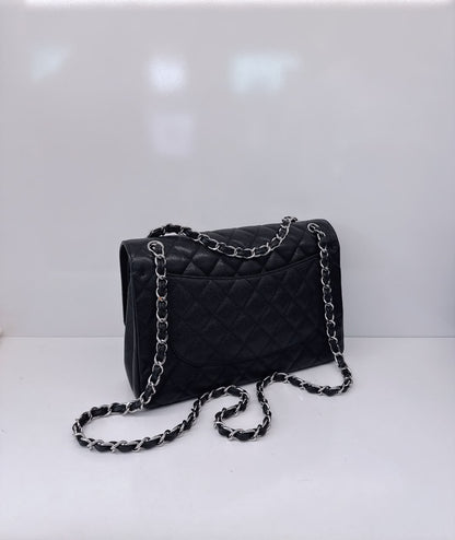 BLACK QUILTED CAVIAR LEATHER LARGE CLASSIC DOUBLE FLAP HANDBAG SILVER HARDWARE
