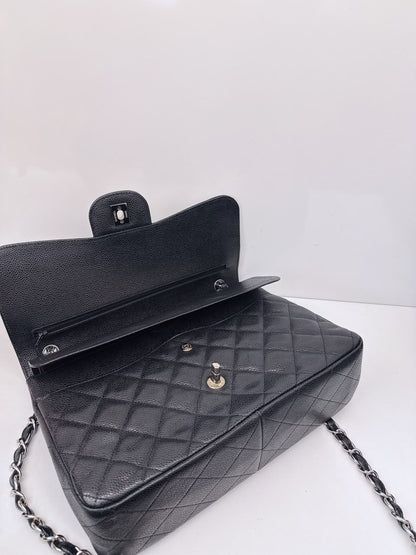 BLACK QUILTED CAVIAR LEATHER LARGE CLASSIC DOUBLE FLAP HANDBAG SILVER HARDWARE