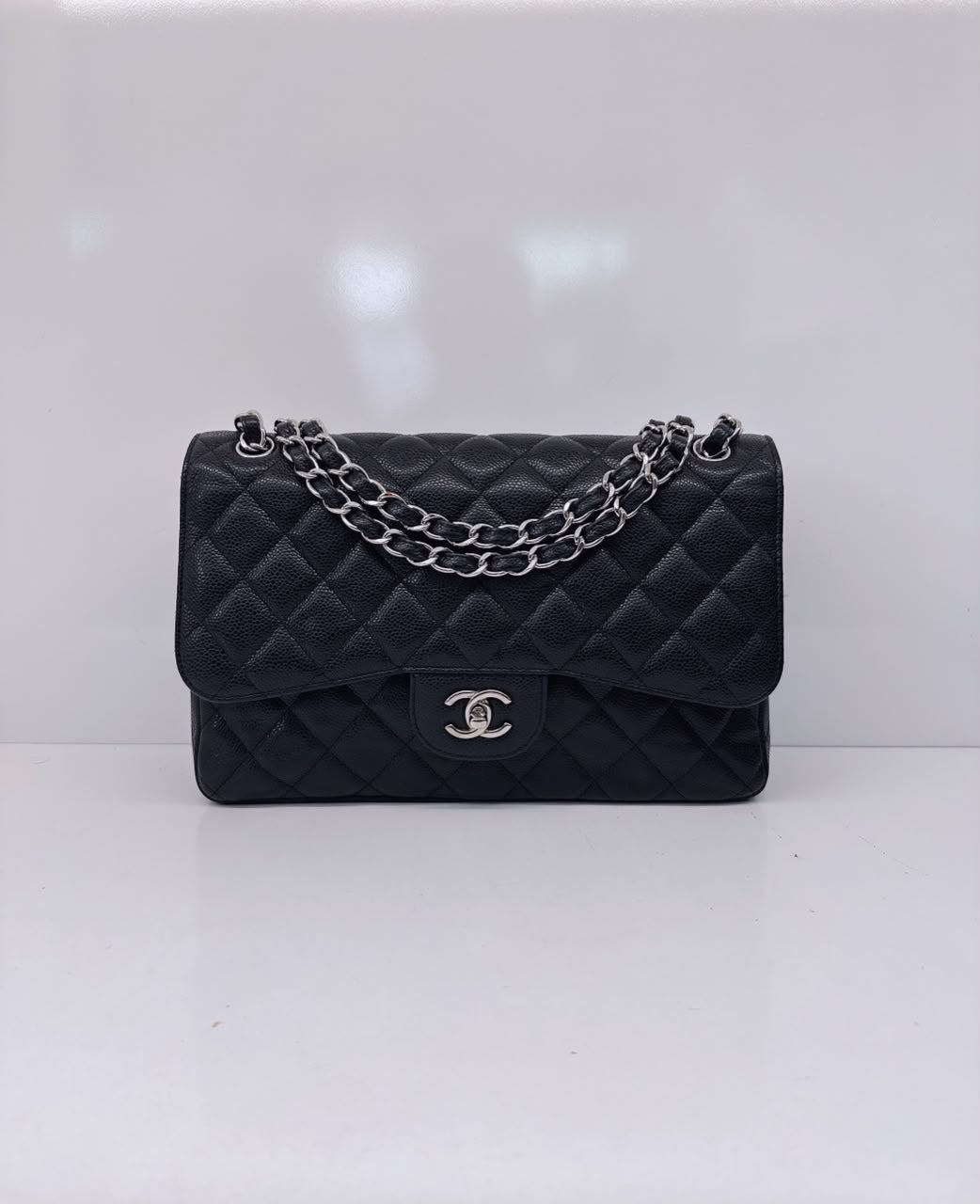 BLACK QUILTED CAVIAR LEATHER LARGE CLASSIC DOUBLE FLAP HANDBAG SILVER HARDWARE