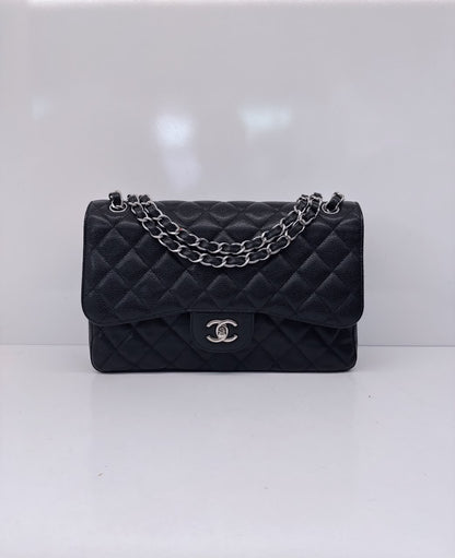 BLACK QUILTED CAVIAR LEATHER LARGE CLASSIC DOUBLE FLAP HANDBAG SILVER HARDWARE