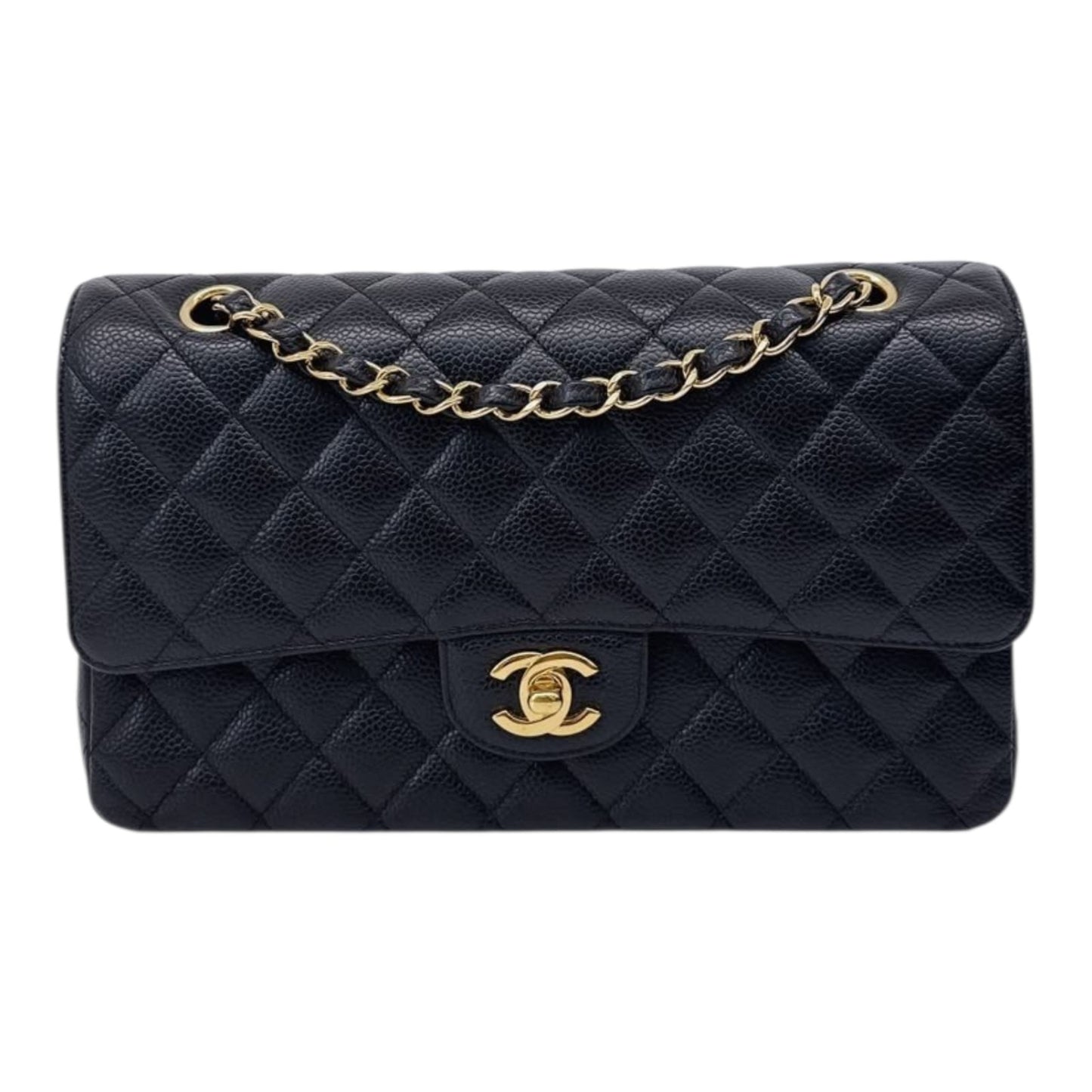 BLACK QUILTED CAVIAR LEATHER MEDIUM CLASSIC DOUBLE FLAP HANDBAG GHW