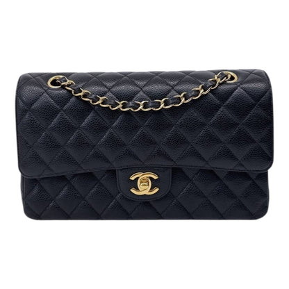 BLACK QUILTED CAVIAR LEATHER MEDIUM CLASSIC DOUBLE FLAP HANDBAG GHW