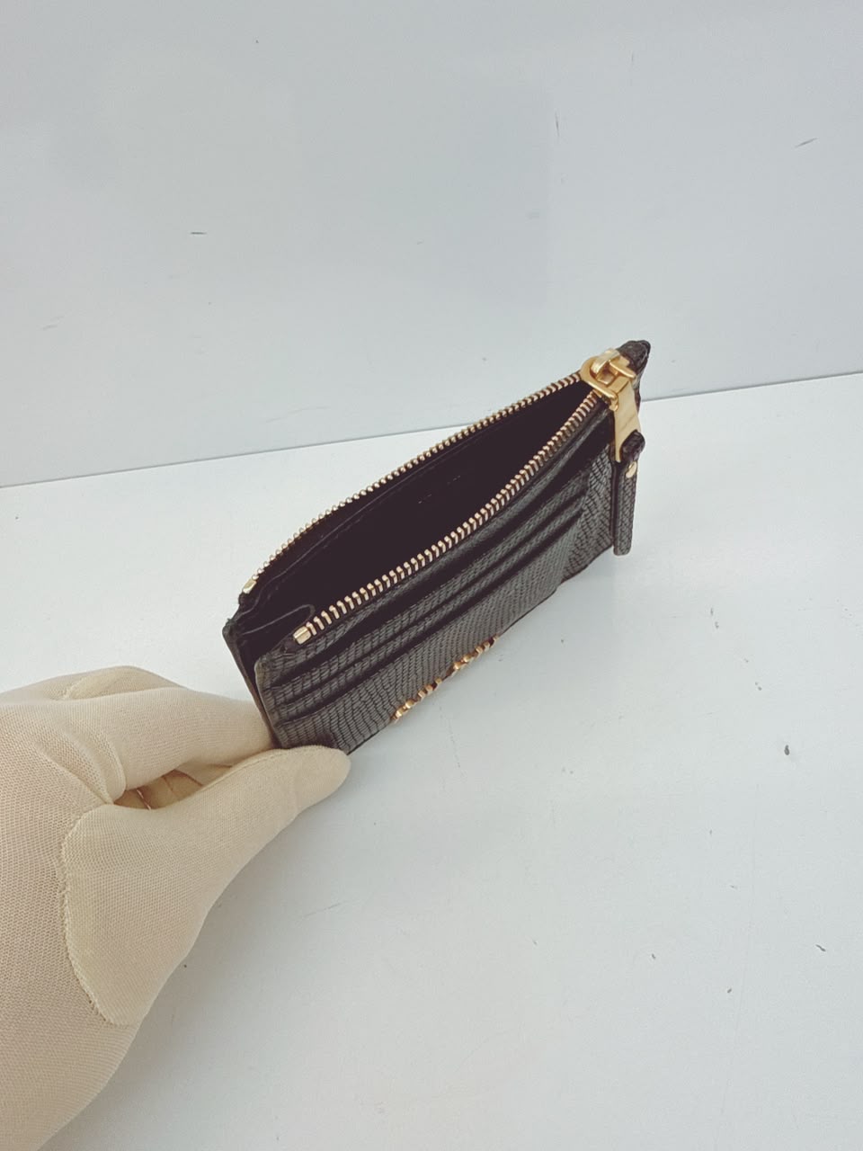 BLACK LIZARD EMBOSSED LEATHER MADRAS CARD HOLDER