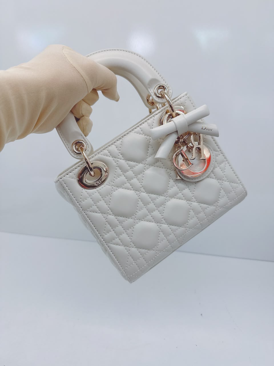 LATTE CANNAGE LAMBSKIN MINI LADY DIOR BAG