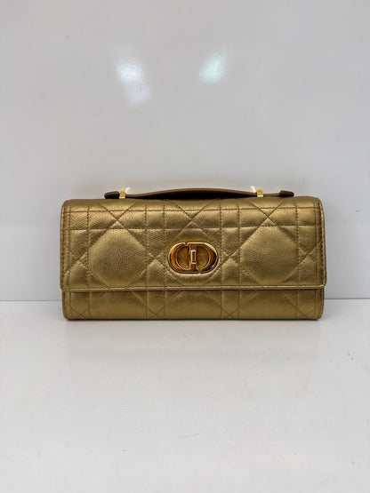 METALLIC GOLD TONE MACROCANNAGE LAMBSKIN LEATHER CARO TOP HANDLE POUCH
