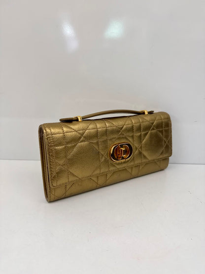 METALLIC GOLD TONE MACROCANNAGE LAMBSKIN LEATHER CARO TOP HANDLE POUCH