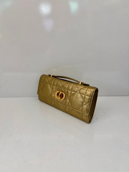METALLIC GOLD TONE MACROCANNAGE LAMBSKIN LEATHER CARO TOP HANDLE POUCH