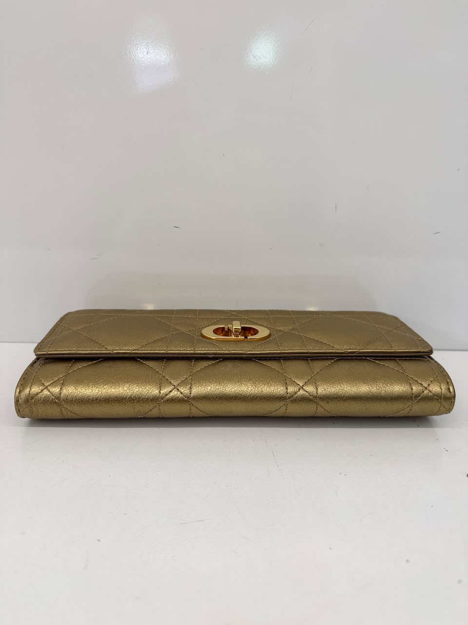 METALLIC GOLD TONE MACROCANNAGE LAMBSKIN LEATHER CARO TOP HANDLE POUCH