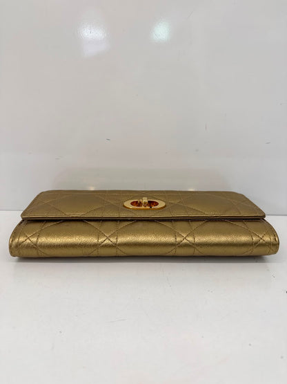 METALLIC GOLD TONE MACROCANNAGE LAMBSKIN LEATHER CARO TOP HANDLE POUCH