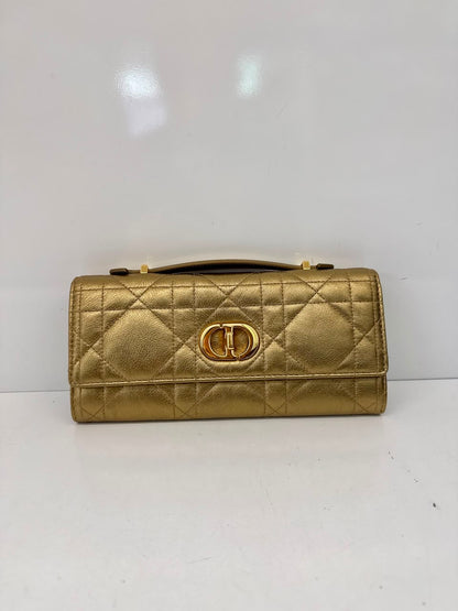 METALLIC GOLD TONE MACROCANNAGE LAMBSKIN LEATHER CARO TOP HANDLE POUCH