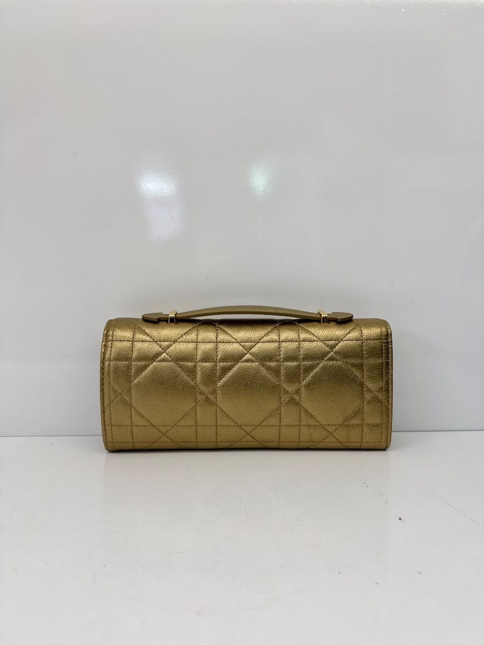 METALLIC GOLD TONE MACROCANNAGE LAMBSKIN LEATHER CARO TOP HANDLE POUCH