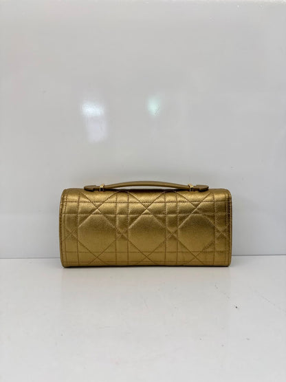 METALLIC GOLD TONE MACROCANNAGE LAMBSKIN LEATHER CARO TOP HANDLE POUCH