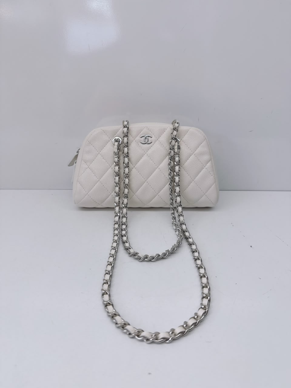 WHITE GRAINED CALFSKIN CC MADEMOISSELLE MINI BOWLING BAG