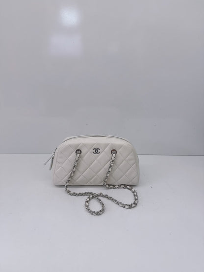 WHITE GRAINED CALFSKIN CC MADEMOISSELLE MINI BOWLING BAG